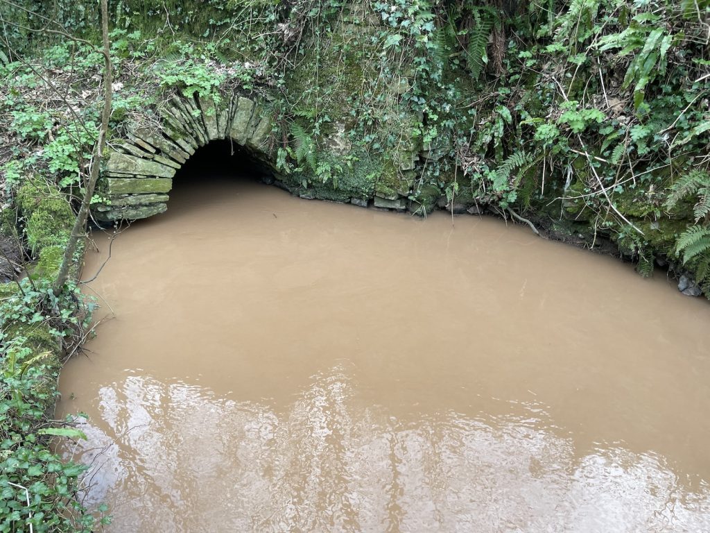 A brown river flows under a bridge