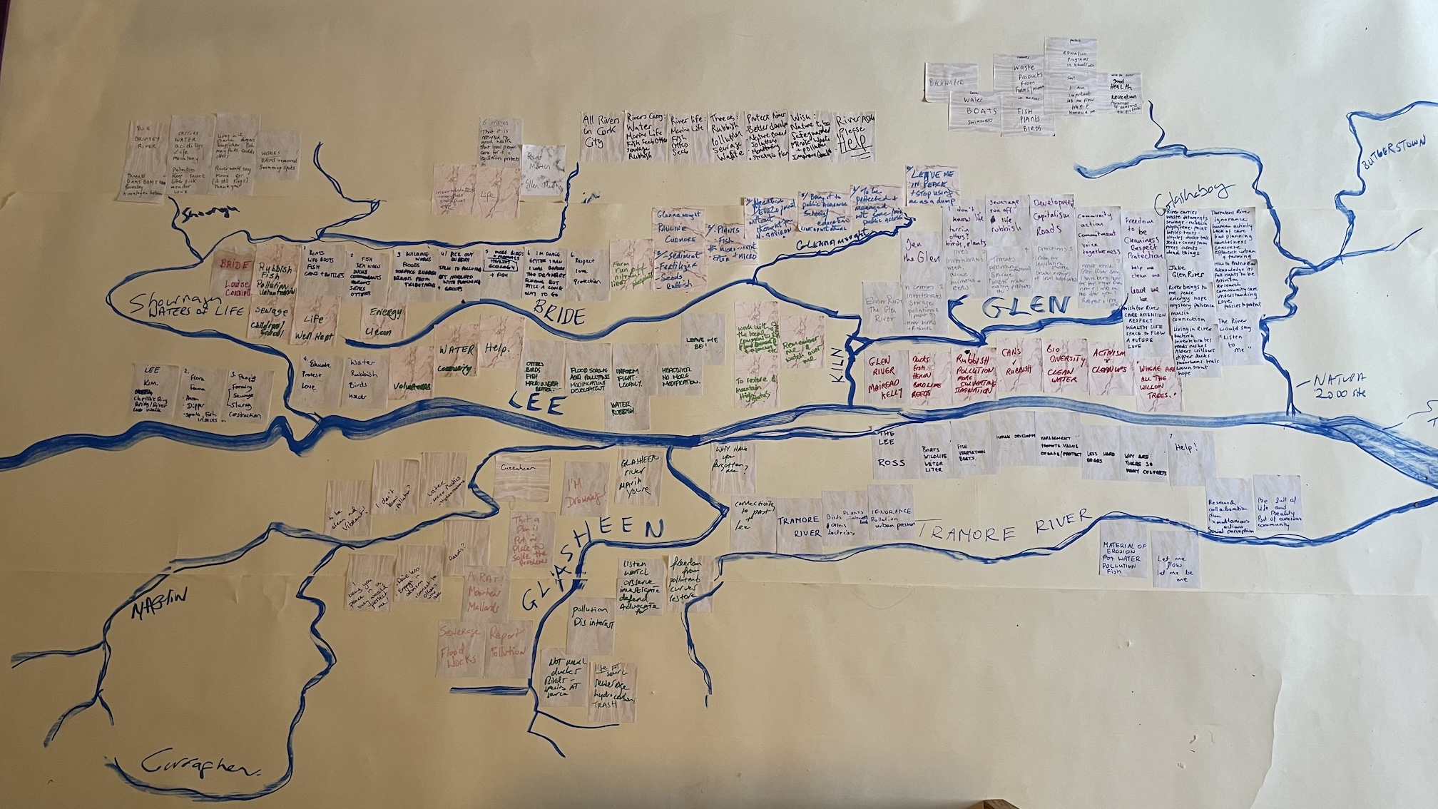 A photo of a hand drawn map of Cork City's Rivers with comments