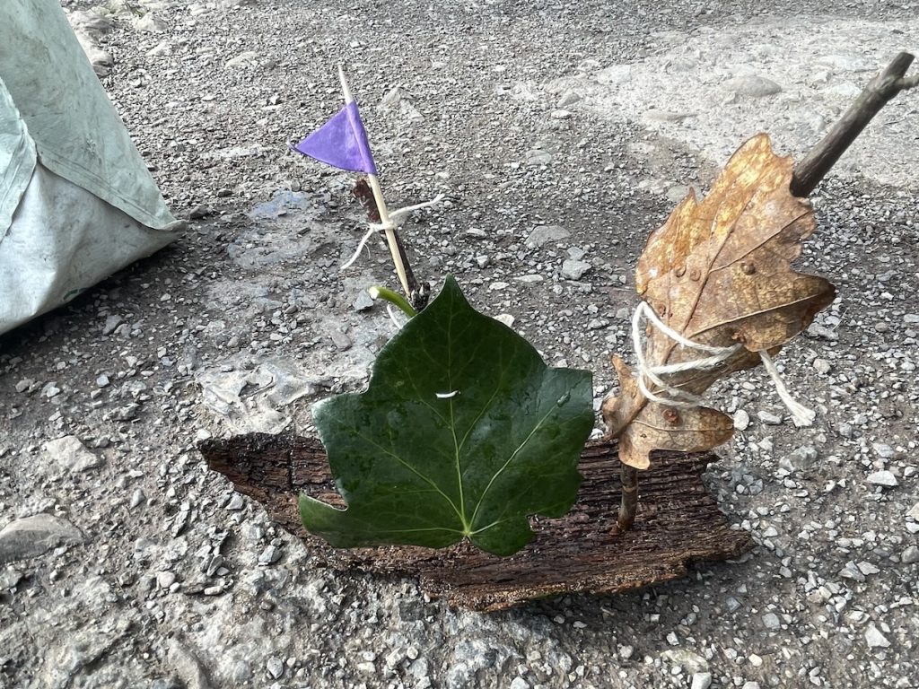 A photo of boat made form bark with an ivy leaf sail