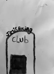 a photo of an ink drawing showing a doorway with Jimi's Boxing Club  written over it