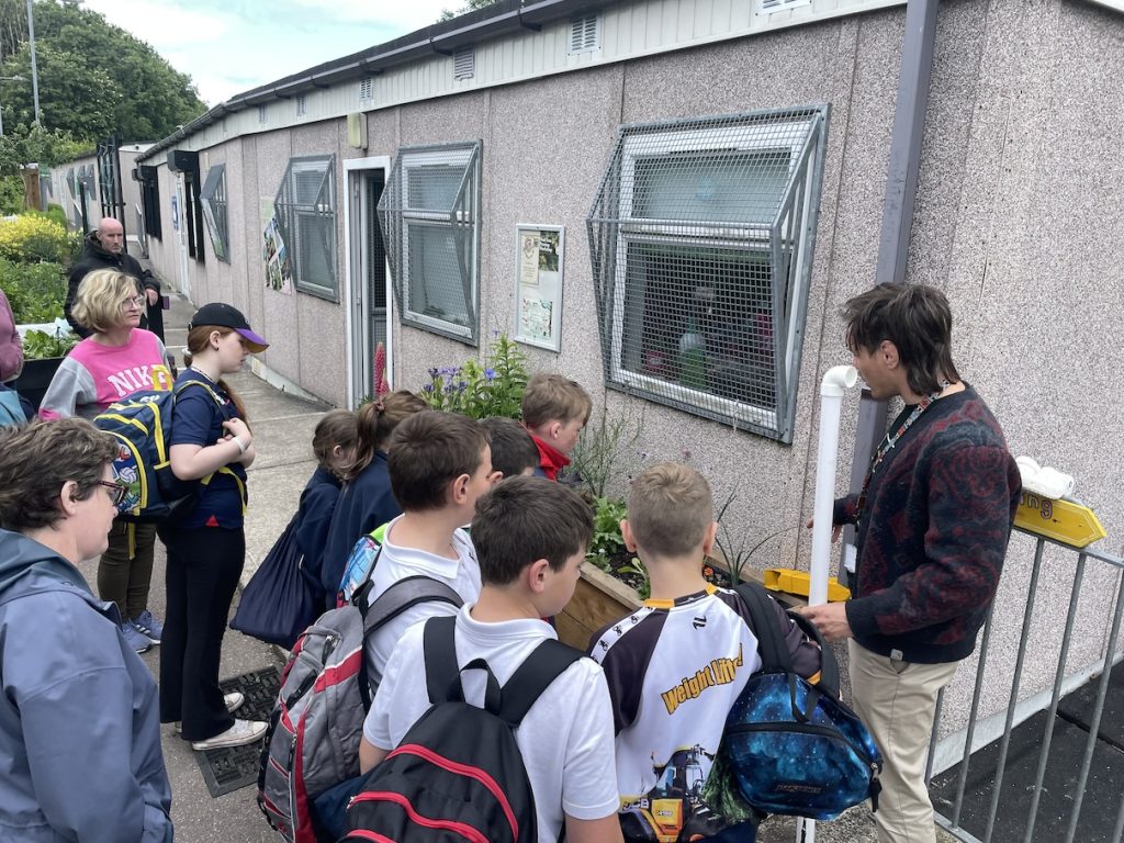 a photo of a group of chidren looking at the rain garden 