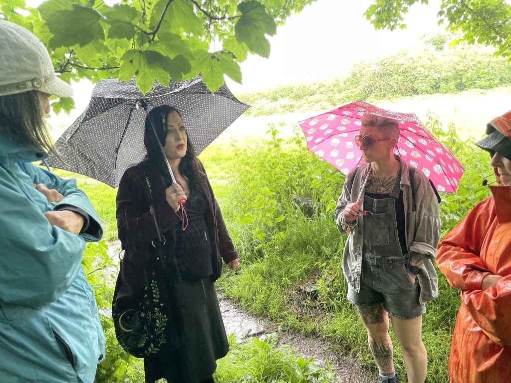 some peopleunder umbrellas under a tree in a field