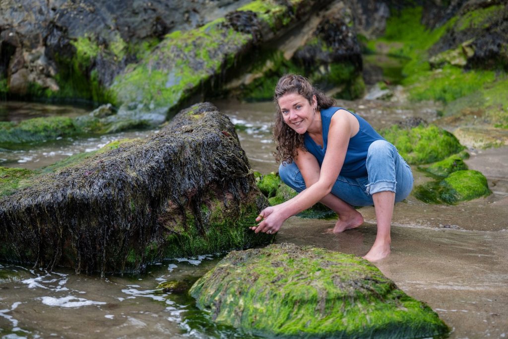 a photo of a woman collecting seaweed on a rocky shore - this is Michelle O'Donovan, Herbalist