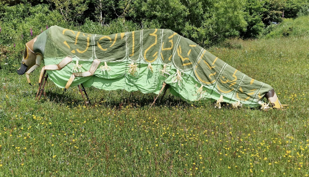 A costume of a monster worn by several people in a park in summer