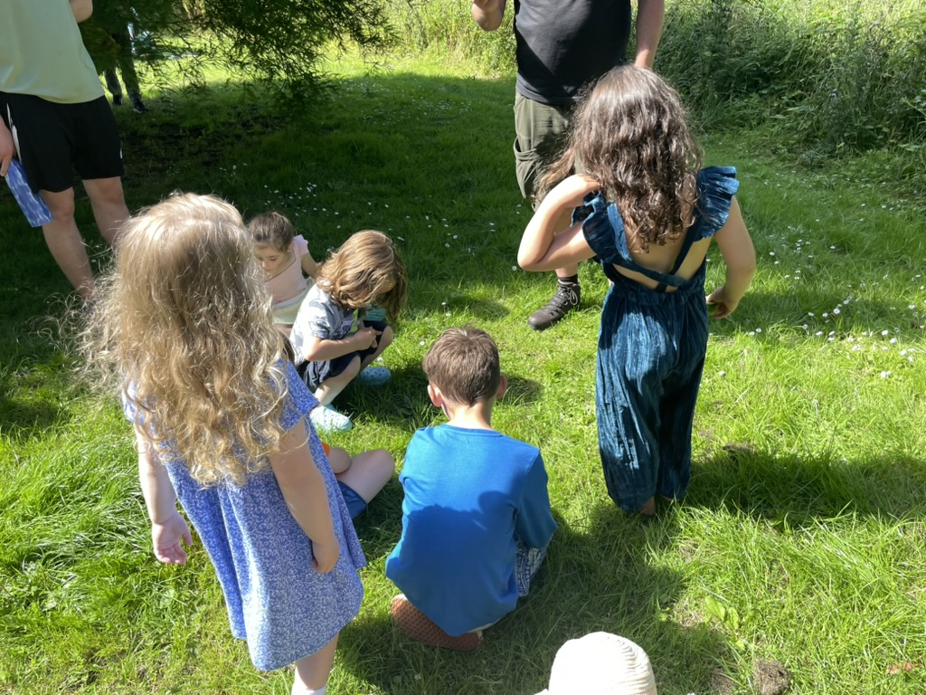 a photo of a group of children in the grass with daisies