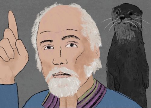 a still from an animation, a drawing of a amn holding up his finger, with an otter on his shoulder