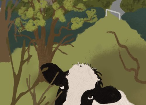 a still from an animation - a drawing of a cow in a field