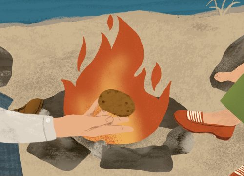 A still from an naimation a drawing of a hand in front of a campfire, passing a hot potato