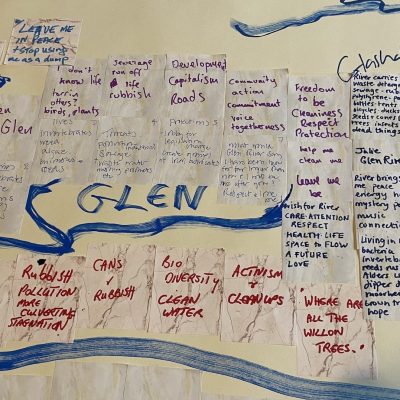 A photo of a hand drawn map of the Glen river with comments