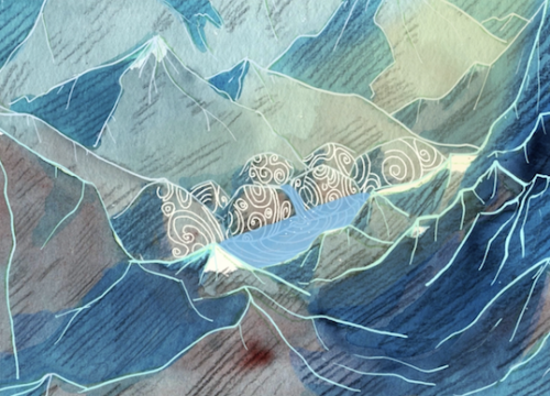 A screenshot from the animation showing a drawing of a mountain, lake rain and river