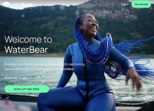 a screenshot from a website showing a black woman in a blue wetsuit tossing her hair in a watery landscape